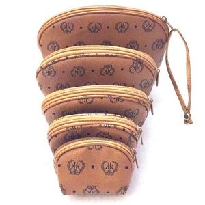 KK TRAVEL BAGS Cosmetic Jewelry Case Set 5 Faux Leather Monogram Zipper Wristlet